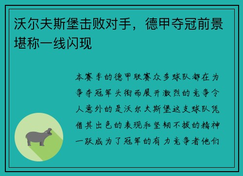 沃尔夫斯堡击败对手，德甲夺冠前景堪称一线闪现