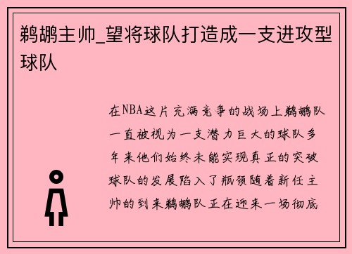 鹈鹕主帅_望将球队打造成一支进攻型球队