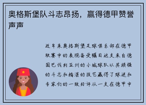 奥格斯堡队斗志昂扬，赢得德甲赞誉声声