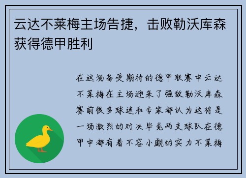 云达不莱梅主场告捷，击败勒沃库森获得德甲胜利