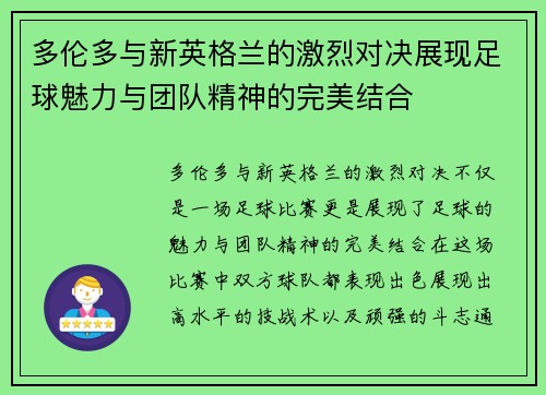 多伦多与新英格兰的激烈对决展现足球魅力与团队精神的完美结合