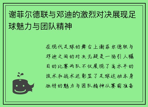 谢菲尔德联与邓迪的激烈对决展现足球魅力与团队精神