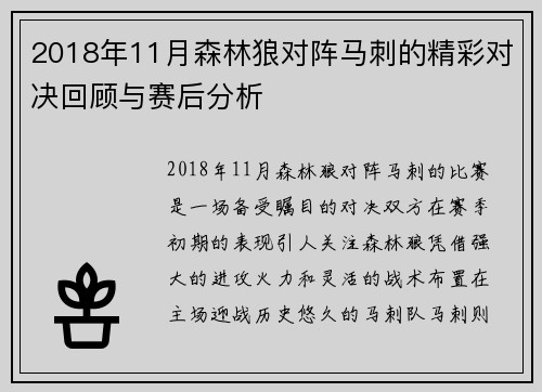 2018年11月森林狼对阵马刺的精彩对决回顾与赛后分析