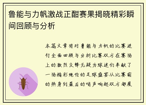 鲁能与力帆激战正酣赛果揭晓精彩瞬间回顾与分析