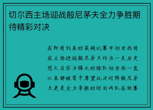 切尔西主场迎战般尼茅夫全力争胜期待精彩对决