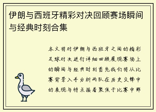 伊朗与西班牙精彩对决回顾赛场瞬间与经典时刻合集