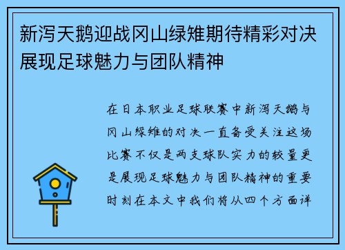 新泻天鹅迎战冈山绿雉期待精彩对决展现足球魅力与团队精神