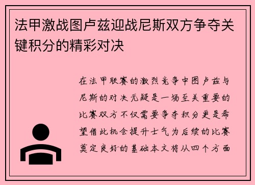 法甲激战图卢兹迎战尼斯双方争夺关键积分的精彩对决