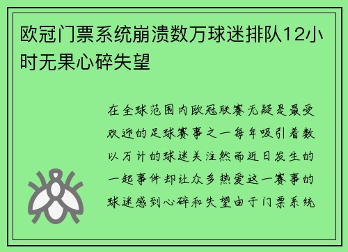 欧冠门票系统崩溃数万球迷排队12小时无果心碎失望