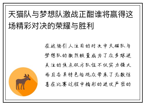 天猫队与梦想队激战正酣谁将赢得这场精彩对决的荣耀与胜利