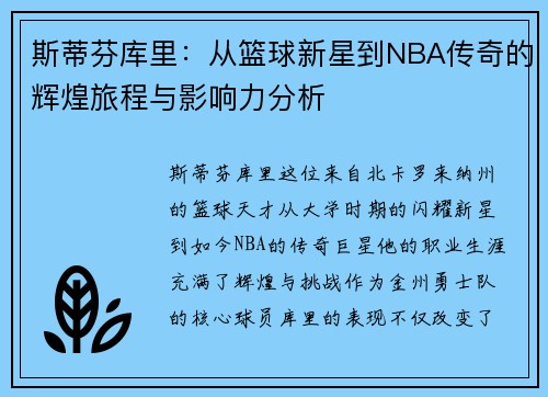 斯蒂芬库里：从篮球新星到NBA传奇的辉煌旅程与影响力分析