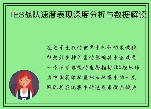 TES战队速度表现深度分析与数据解读