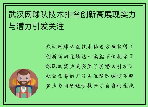 武汉网球队技术排名创新高展现实力与潜力引发关注