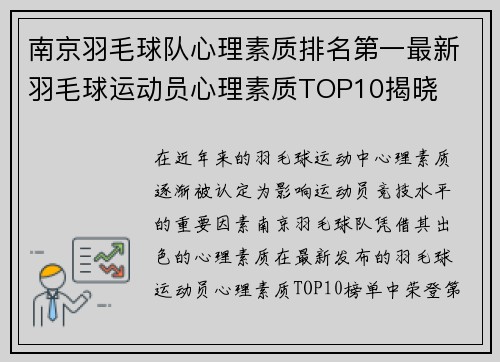 南京羽毛球队心理素质排名第一最新羽毛球运动员心理素质TOP10揭晓